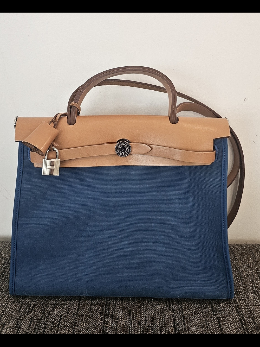 -inspired Men’s Top Handle Bag in Navy and Tan